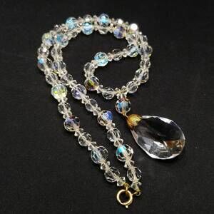 AB Crystal Beaded Necklace, Aurora Borealis 22" Clear Crystal Teardrop Pendant